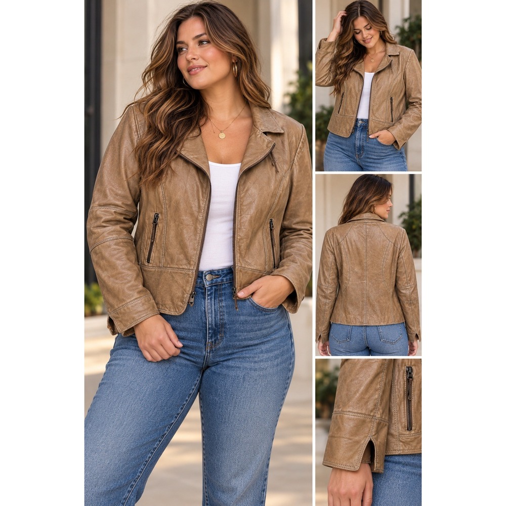 Biba Leather Jacket *Size 16 Tan Genuine Lambskin Contrast Stitch *Flaw #1637